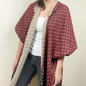 Free People | Red Navy Boho Print Patterned Kimono Cardigan Fringe Short Sleeve